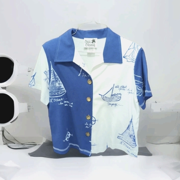 Women's Copa Cabana Sailboats USA Blouse Size Petite Sm Short Sleeve Button Up - Picture 1 of 10
